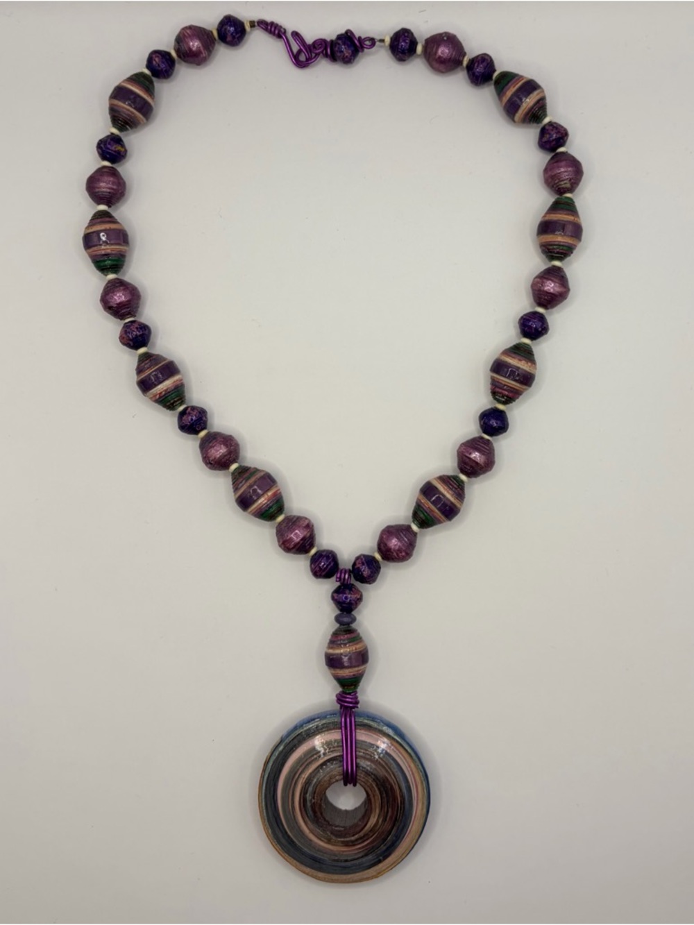 Purple Striped Paper Bead Necklace with Purple and Blue Donut Pendant